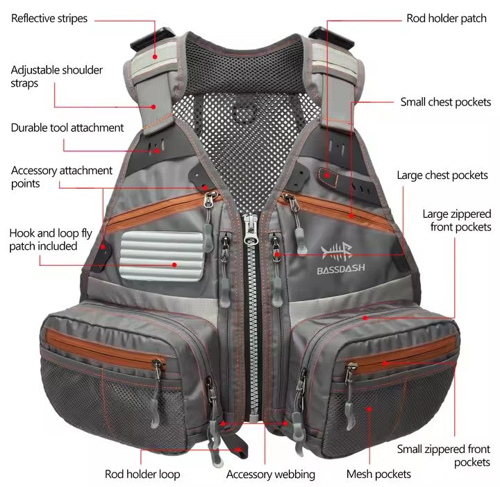 Bassdash® Gilet Tecnico da Pesca Regolabile – Multi-Tasca e Traspirante